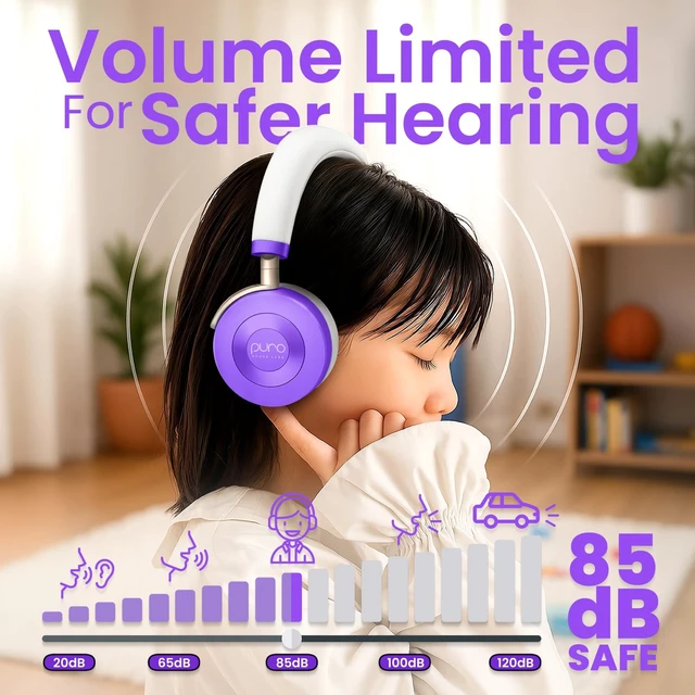 Alt view image 2 of 7 - Kids Headphones, Volume-Limiting, JuniorJam Plus, Purple Universal Hybrid Active Noise Cancelling Headphone, Volume Limiting, Hi-Res Audio, 32h Playtime, Pc Wireless Headset with Mic