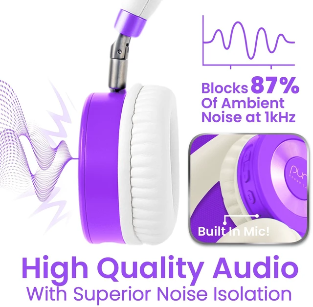 Alt view image 6 of 7 - Kids Headphones, Volume-Limiting, JuniorJam Plus, Purple Universal Hybrid Active Noise Cancelling Headphone, Volume Limiting, Hi-Res Audio, 32h Playtime, Pc Wireless Headset with Mic