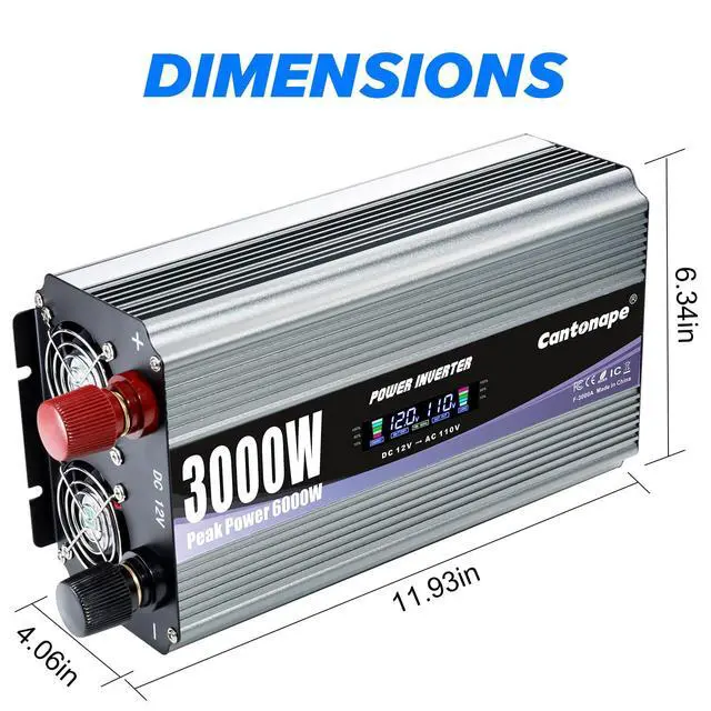 Alt view image 7 of 7 - 3000W Power Inverter 12V to 110V/120V DC to AC with LCD Display | Remote Controller and 4 x AC Outlets Car Adapter for Car Truck Boat RV Off Grid Solar System