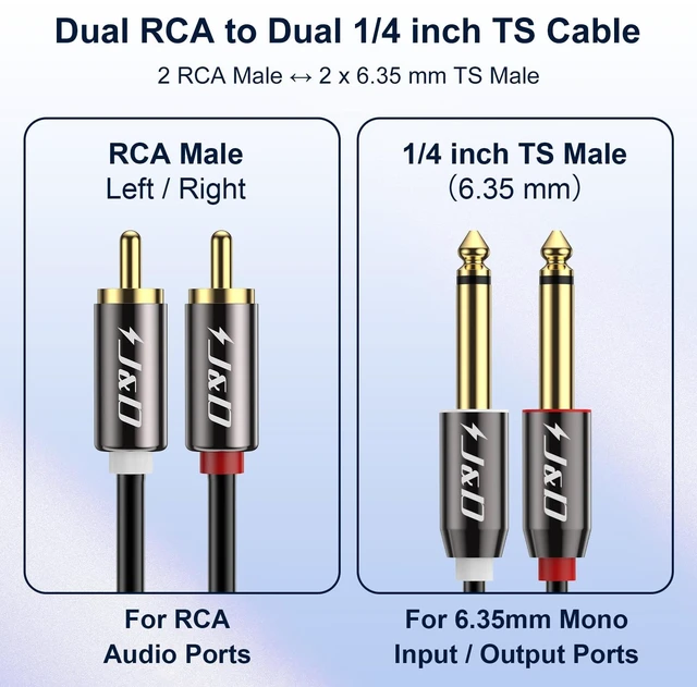 Alt view image 2 of 7 - 1/4 to RCA Cable, Gold Plated Copper Shell Heavy Duty 2X6.35mm TS to Dual RCA Stereo Audio Interconnect Cord for AV Receivers, Speakers, Home Audio Systems, Amplifiers, 15 Feet