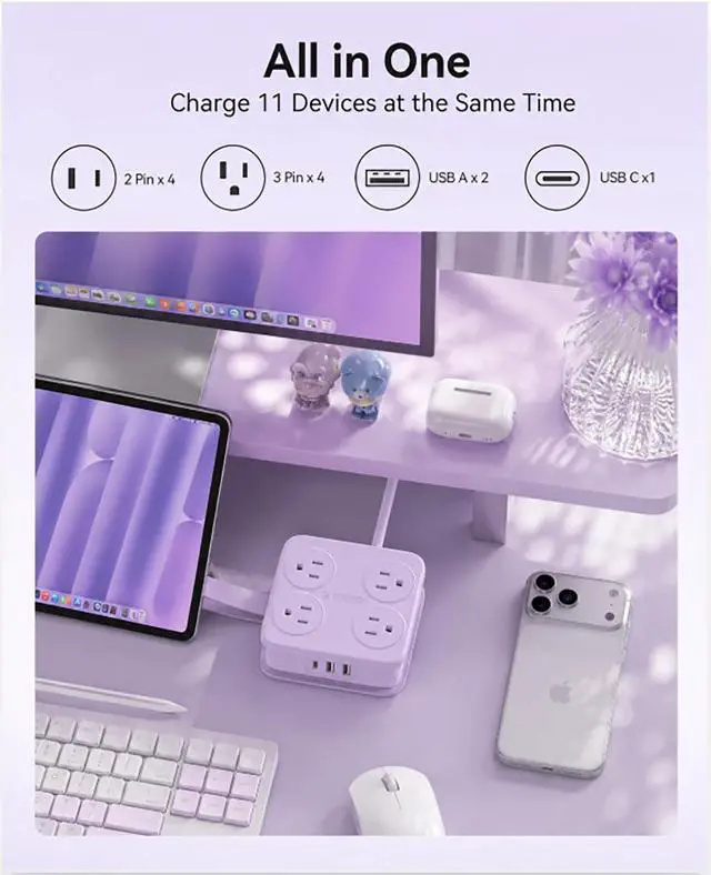 Alt view image 2 of 7 - 5 Ft Coiled Extension Cord with 8 Outlet & 3 USB Ports, Power Strip with Flat Plug, 11 in 1 Charging Station for Home/Office/Dorm -AP3 PRO