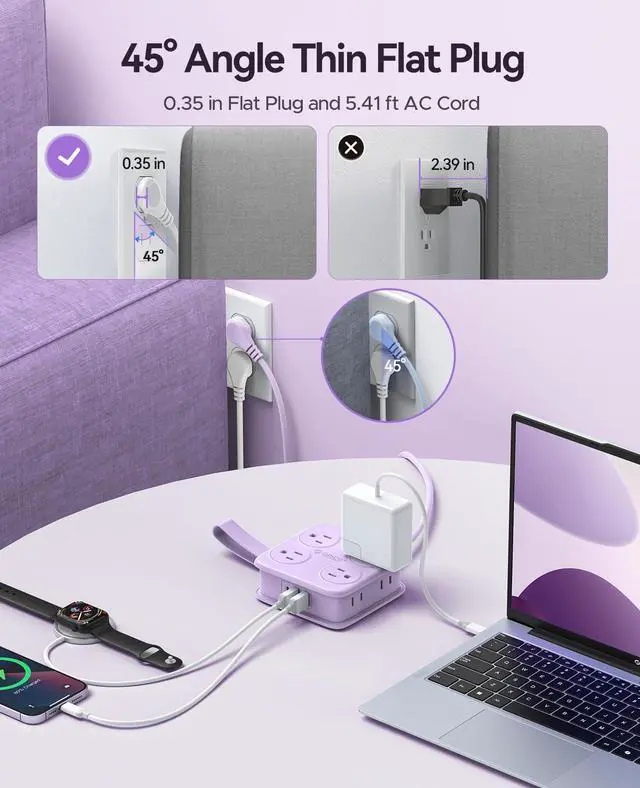 Alt view image 7 of 7 - 5 Ft Coiled Extension Cord with 8 Outlet & 3 USB Ports, Power Strip with Flat Plug, 11 in 1 Charging Station for Home/Office/Dorm -AP3 PRO
