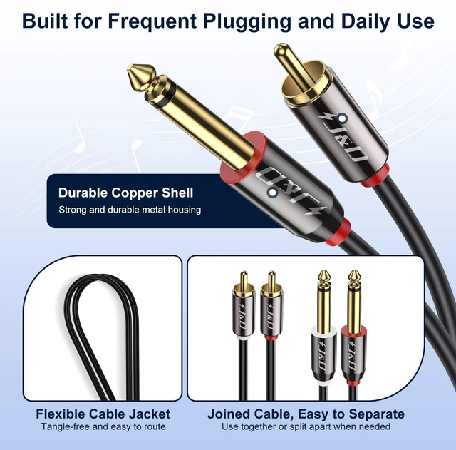 Alt view image 6 of 7 - 1/4 to RCA Cable, Gold Plated Copper Shell Heavy Duty 2X6.35mm TS to Dual RCA Stereo Audio Interconnect Cord for AV Receivers, Speakers, Home Audio Systems, Amplifiers, 15 Feet