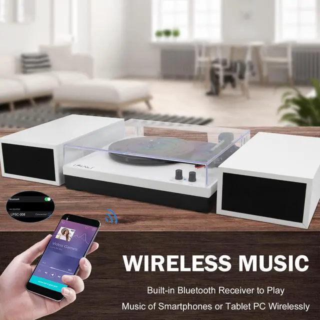 Alt view image 2 of 7 - Vinyl Record Player with Belt-Drive Turntable Bluetooth Playback & 2-Stereo Speakers, 3-Speed Vintage Record Players with Speaker & RCA Output for Entertainment and Home Decor, White Leather