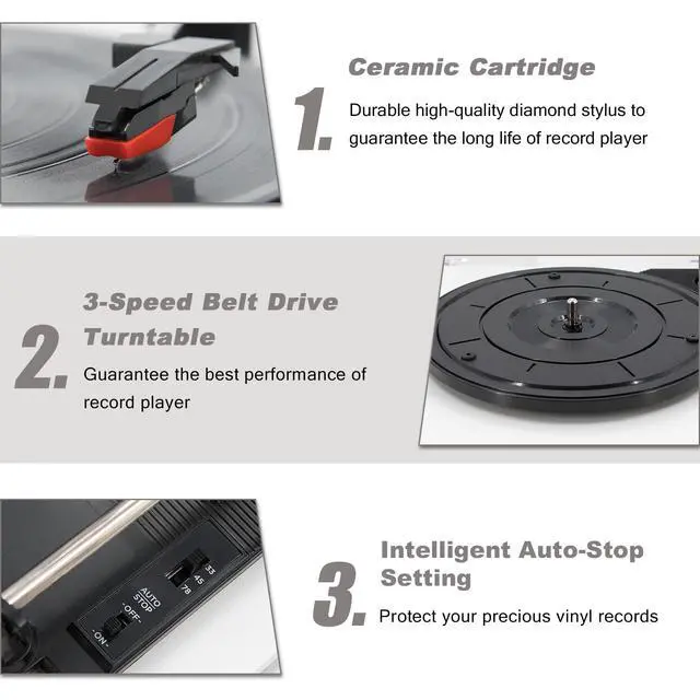 Alt view image 3 of 7 - Vinyl Record Player with Belt-Drive Turntable Bluetooth Playback & 2-Stereo Speakers, 3-Speed Vintage Record Players with Speaker & RCA Output for Entertainment and Home Decor, White Leather