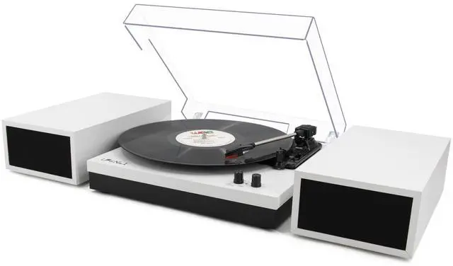Main image of Vinyl Record Player with Belt-Drive Turntable Bluetooth Playback & 2-Stereo Speakers, 3-Speed Vintage Record Players with Speaker & RCA Output for Entertainment and Home Decor, White Leather