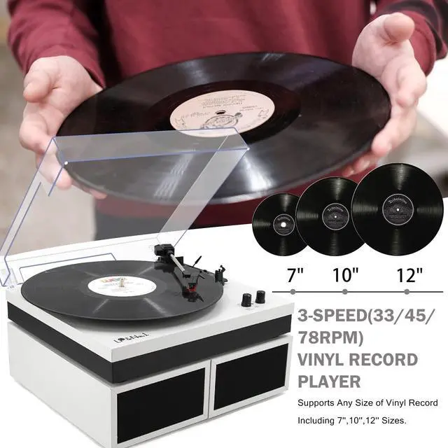 Alt view image 4 of 7 - Vinyl Record Player with Belt-Drive Turntable Bluetooth Playback & 2-Stereo Speakers, 3-Speed Vintage Record Players with Speaker & RCA Output for Entertainment and Home Decor, White Leather