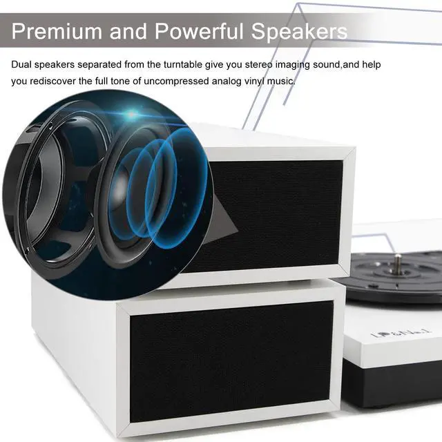 Alt view image 5 of 7 - Vinyl Record Player with Belt-Drive Turntable Bluetooth Playback & 2-Stereo Speakers, 3-Speed Vintage Record Players with Speaker & RCA Output for Entertainment and Home Decor, White Leather