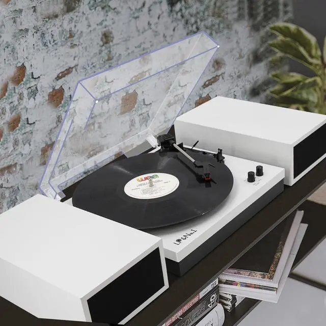 Alt view image 7 of 7 - Vinyl Record Player with Belt-Drive Turntable Bluetooth Playback & 2-Stereo Speakers, 3-Speed Vintage Record Players with Speaker & RCA Output for Entertainment and Home Decor, White Leather