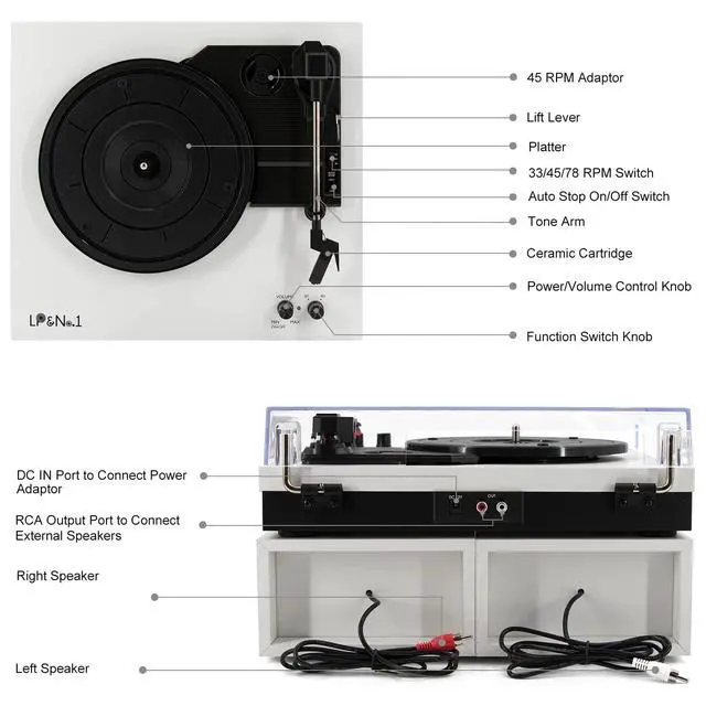 Alt view image 6 of 7 - Vinyl Record Player with Belt-Drive Turntable Bluetooth Playback & 2-Stereo Speakers, 3-Speed Vintage Record Players with Speaker & RCA Output for Entertainment and Home Decor, White Leather