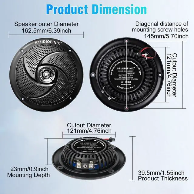 Alt view image 4 of 7 - 5.25" 160W Bluetooth Waterproof Marine Speakers - 2 Way Weather Resistant Boat Audio with LED Lights, and Low Profile Slim Style Suitable for Boat, RV, ATV, UTV, Golf Cart (1 Pair, Black)