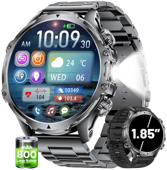 Main image of Militrary Smart Watch for Men,1.85" HD/800mAh Battery Smart watches for Android/iOS (Bluetooth Call Answer/Calls)Fitness Tracker,100+ Sports/LED Flashlight/IP68 Waterproof/Sleep Tracker Smartwatch