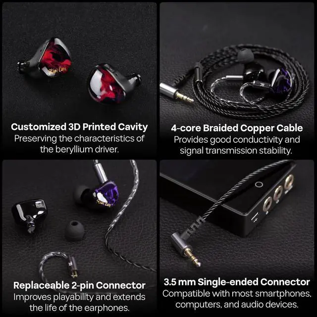 Alt view image 4 of 7 - Kiwi Ears Cadenza 10mm Beryllium Dynamic Driver IEM 3D Printed with Detachable Interchangeable Plug 0.78 2pin 3.5mm IEM Cable for Musician Audiophile (Purple)