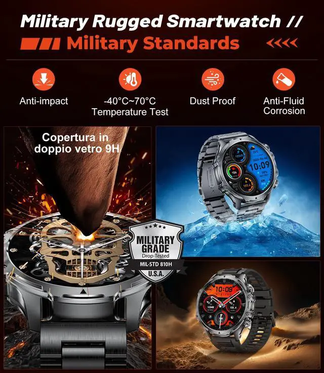 Alt view image 5 of 7 - Militrary Smart Watch for Men,1.85" HD/800mAh Battery Smart watches for Android/iOS (Bluetooth Call Answer/Calls)Fitness Tracker,100+ Sports/LED Flashlight/IP68 Waterproof/Sleep Tracker Smartwatch