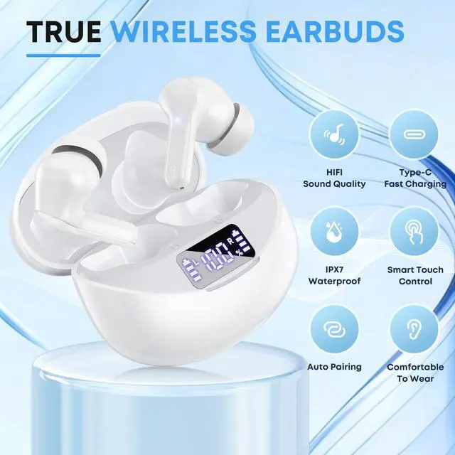 Alt view image 2 of 7 - Wireless Earbuds Bluetooth 5.4 HiFi Stereo Headphones with Noise Cancelling Mic, 50H Playback in Ear Buds with LED Digital Display, IPX7 Waterproof Earphones for Office/Running/Workout (White)