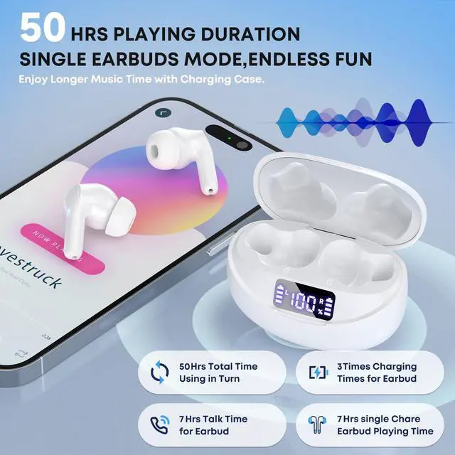 Alt view image 3 of 7 - Wireless Earbuds Bluetooth 5.4 HiFi Stereo Headphones with Noise Cancelling Mic, 50H Playback in Ear Buds with LED Digital Display, IPX7 Waterproof Earphones for Office/Running/Workout (White)