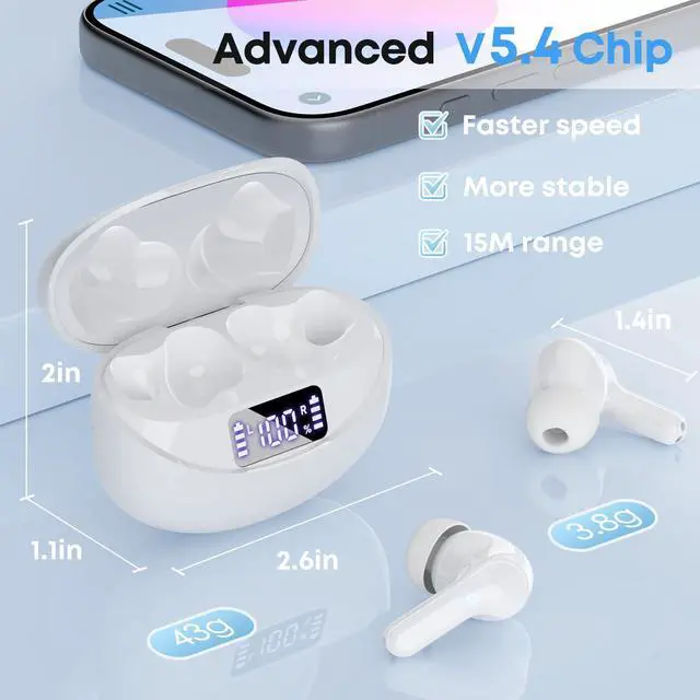 Alt view image 6 of 7 - Wireless Earbuds Bluetooth 5.4 HiFi Stereo Headphones with Noise Cancelling Mic, 50H Playback in Ear Buds with LED Digital Display, IPX7 Waterproof Earphones for Office/Running/Workout (White)