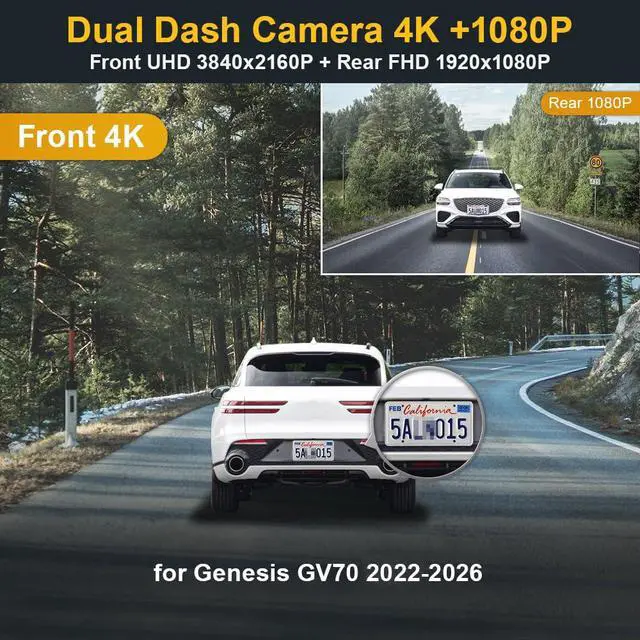 Alt view image 2 of 7 - Front 4K+Rear 1080P Dash Cam Adapts for Genesis GV70 2022-2026 (Part No#AR100), OEM Factory Look, Dual HD Video, Built-in WiFi & APP, Loop Recording, G-Sensor, Easy to Set, 128GB Card