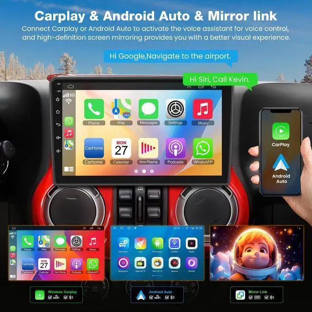 Alt view image 3 of 7 - (8Core + Android 15) Car Radio Stereo for Jeep Wrangler JK 2007-2018, for Dodge Ram 2009-2012, 10.2 Inch QLED Touch Screen with Wireless Carplay&Android Auto&Mirrolink,GPS Navigation&FM Radio