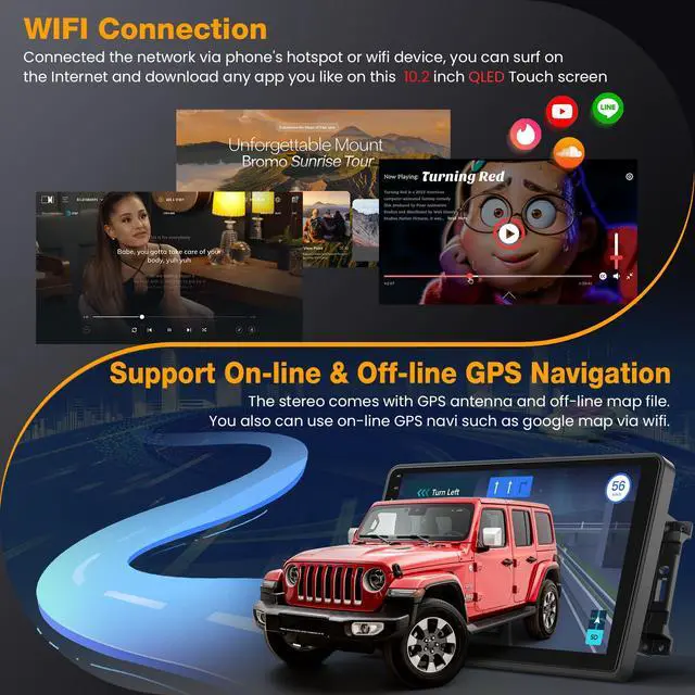 Alt view image 4 of 7 - (8Core + Android 15) Car Radio Stereo for Jeep Wrangler JK 2007-2018, for Dodge Ram 2009-2012, 10.2 Inch QLED Touch Screen with Wireless Carplay&Android Auto&Mirrolink,GPS Navigation&FM Radio
