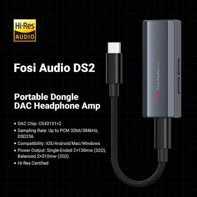Alt view image 2 of 7 - DS2 USB C to AUX Headphone Amp DAC Dongle 3.5mm Jack Audio Portable Amplifier Dual Output DSD256 4.4mm Balanced High Resolution CS43131 for iPhone 15 Pro Max Plus iPad Android Phone