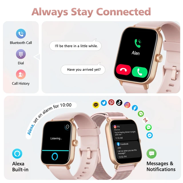 Alt view image 3 of 7 - Smart Watches for Women, 1.85" Alexa Fitness Trackers with Call & SMS, Heart Rate, SpO2, Stress & Sleep Monitor, IP68 Waterproof Smartwatch for Android iPhone Samsung etc., 100+ Sports Modes, 2 Bands