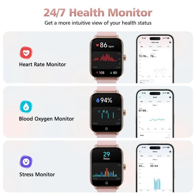 Alt view image 5 of 7 - Smart Watches for Women, 1.85" Alexa Fitness Trackers with Call & SMS, Heart Rate, SpO2, Stress & Sleep Monitor, IP68 Waterproof Smartwatch for Android iPhone Samsung etc., 100+ Sports Modes, 2 Bands