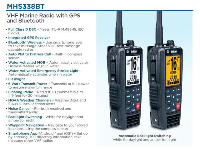 Alt view image 2 of 6 - MHS338BT Floating, Handheld Marine VHF Radio, 6-Watts, GPS and Bluetooth, Submersible IPX8, Emergency Strobe & Flashlight, NOAA Weather Alerts, FM Radio, Chargeing Cradle & Li-ion Battery