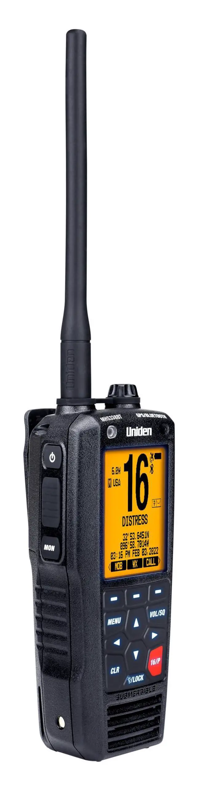 Alt view image 3 of 6 - MHS338BT Floating, Handheld Marine VHF Radio, 6-Watts, GPS and Bluetooth, Submersible IPX8, Emergency Strobe & Flashlight, NOAA Weather Alerts, FM Radio, Chargeing Cradle & Li-ion Battery