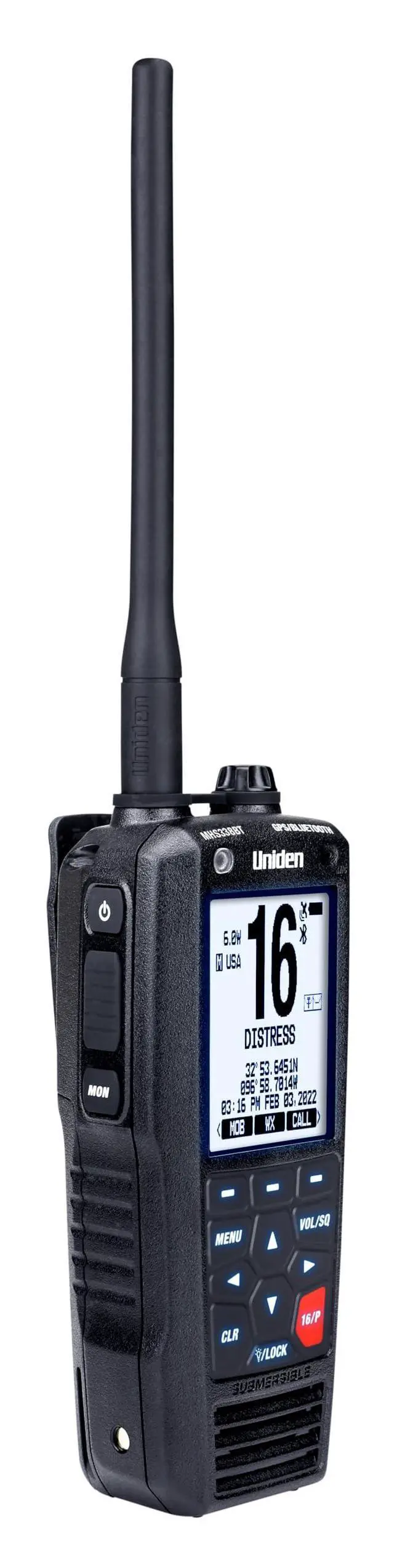 Alt view image 4 of 6 - MHS338BT Floating, Handheld Marine VHF Radio, 6-Watts, GPS and Bluetooth, Submersible IPX8, Emergency Strobe & Flashlight, NOAA Weather Alerts, FM Radio, Chargeing Cradle & Li-ion Battery