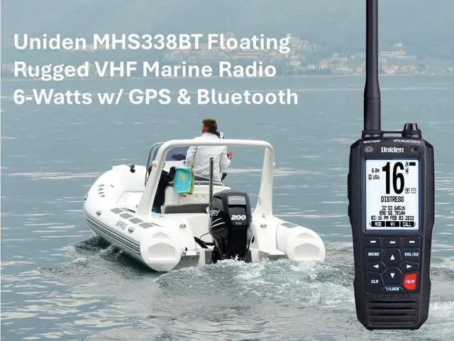 Alt view image 6 of 6 - MHS338BT Floating, Handheld Marine VHF Radio, 6-Watts, GPS and Bluetooth, Submersible IPX8, Emergency Strobe & Flashlight, NOAA Weather Alerts, FM Radio, Chargeing Cradle & Li-ion Battery