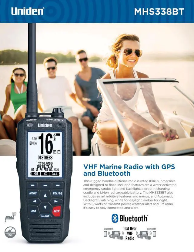 Alt view image 5 of 6 - MHS338BT Floating, Handheld Marine VHF Radio, 6-Watts, GPS and Bluetooth, Submersible IPX8, Emergency Strobe & Flashlight, NOAA Weather Alerts, FM Radio, Chargeing Cradle & Li-ion Battery