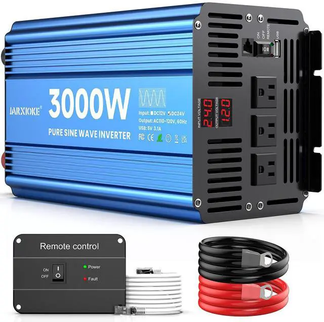Main image of 3000 Watt Pure Sine Wave Power Inverter 24V DC to 110V 120V Converter for Home, RV and Off-Grid Solar Systems with 3 AC Outlets, Dual USB Ports, LCD Display and Remote Control