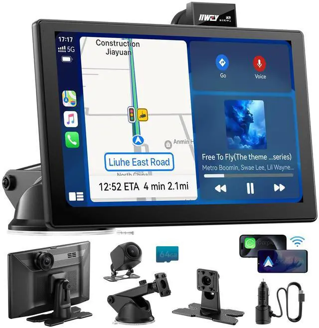 Main image of IK9 9" Wireless CarPlay & Android Auto Screen, Portable Car Stereo with 4K Dash Cam & 1080p Rear Camera, CarPlay with Backup Camera, Touch Screen GPS Display, Mirror Link, Apple Car Play Screen