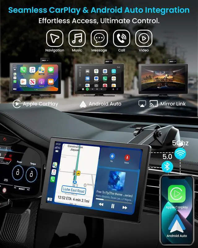 Alt view image 2 of 7 - IK9 9" Wireless CarPlay & Android Auto Screen, Portable Car Stereo with 4K Dash Cam & 1080p Rear Camera, CarPlay with Backup Camera, Touch Screen GPS Display, Mirror Link, Apple Car Play Screen