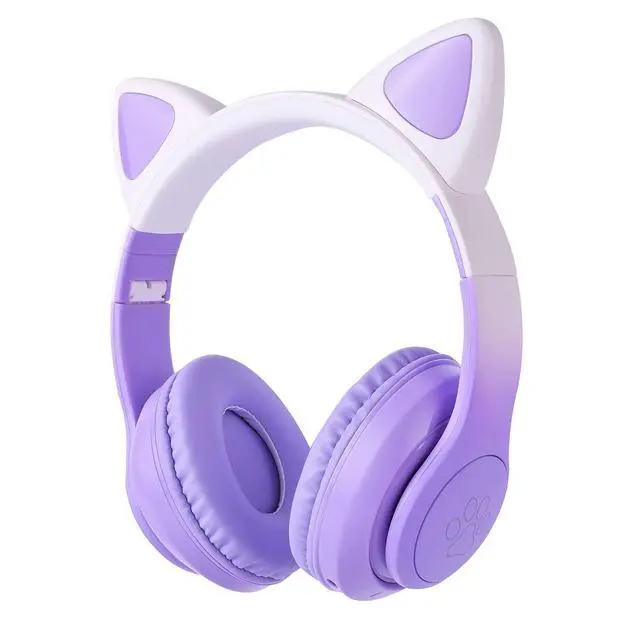 Alt view image 2 of 4 - Cat Ear Kids Headphones Bluetooth, LED Light up Wireless/Wired Mode Over Ear Headphones with Build in Microphone for School/Travel (Purple)