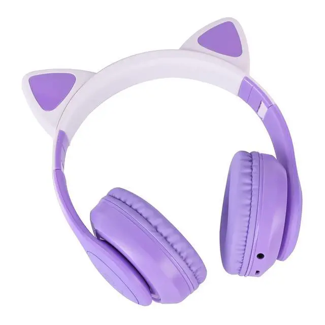 Alt view image 4 of 4 - Cat Ear Kids Headphones Bluetooth, LED Light up Wireless/Wired Mode Over Ear Headphones with Build in Microphone for School/Travel (Purple)