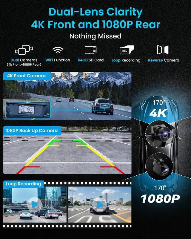 Alt view image 4 of 7 - IK9 9" Wireless CarPlay & Android Auto Screen, Portable Car Stereo with 4K Dash Cam & 1080p Rear Camera, CarPlay with Backup Camera, Touch Screen GPS Display, Mirror Link, Apple Car Play Screen