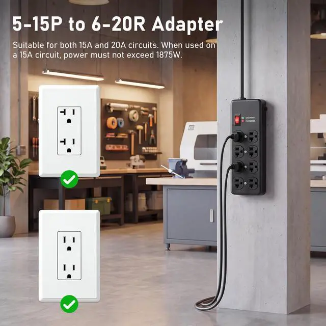 Alt view image 4 of 7 - 20Amp Heavy Duty Surge Protector with 8 Outlets,6FT Extension Cord | Metal Power Strip whit Wall Mount Surge Protector 1200J for Garage Workshop & Industrial,ETL Listed