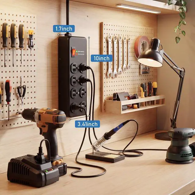 Alt view image 7 of 7 - 20Amp Heavy Duty Surge Protector with 8 Outlets,6FT Extension Cord | Metal Power Strip whit Wall Mount Surge Protector 1200J for Garage Workshop & Industrial,ETL Listed