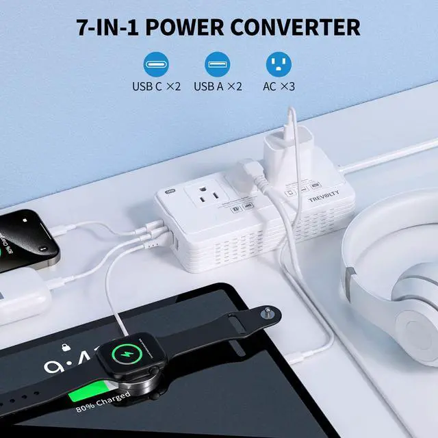 Alt view image 3 of 7 - 2000W Voltage Converter US to Europe for Hair Dryer, 7 in 1 220V to 110V Converter for European Travel with 3 AC 2 USBC 2 USBA Ports, European Travel Plug Adapter with Type C/G/I/L Power Plugs (White)
