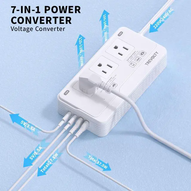 Alt view image 4 of 7 - 2000W Voltage Converter US to Europe for Hair Dryer, 7 in 1 220V to 110V Converter for European Travel with 3 AC 2 USBC 2 USBA Ports, European Travel Plug Adapter with Type C/G/I/L Power Plugs (White)