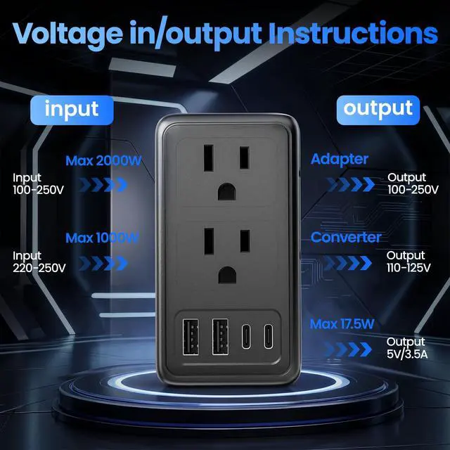Alt view image 3 of 6 - 2000W Voltage Converter US to Europe, with 2 USB A and 2 USB C Ports | 220V to 110V Converter for European Travel for Hair Dryer, Travel Adapter Converter Combo