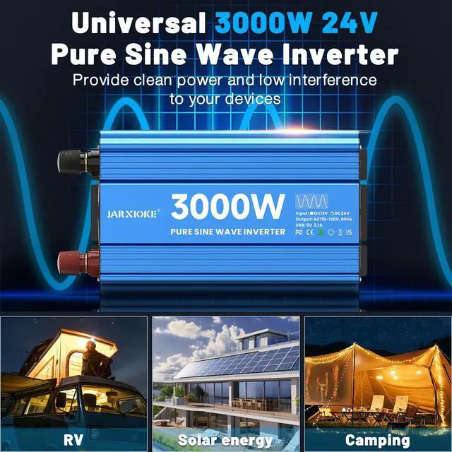 Alt view image 2 of 7 - 3000 Watt Pure Sine Wave Power Inverter 24V DC to 110V 120V Converter for Home, RV and Off-Grid Solar Systems with 3 AC Outlets, Dual USB Ports, LCD Display and Remote Control