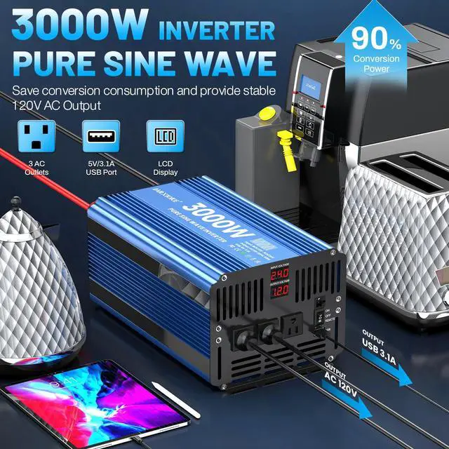 Alt view image 4 of 7 - 3000 Watt Pure Sine Wave Power Inverter 24V DC to 110V 120V Converter for Home, RV and Off-Grid Solar Systems with 3 AC Outlets, Dual USB Ports, LCD Display and Remote Control