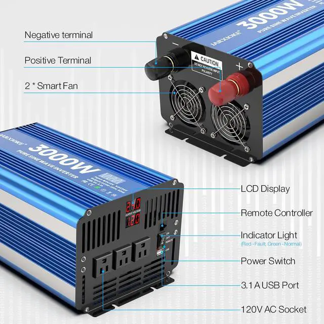 Alt view image 7 of 7 - 3000 Watt Pure Sine Wave Power Inverter 24V DC to 110V 120V Converter for Home, RV and Off-Grid Solar Systems with 3 AC Outlets, Dual USB Ports, LCD Display and Remote Control