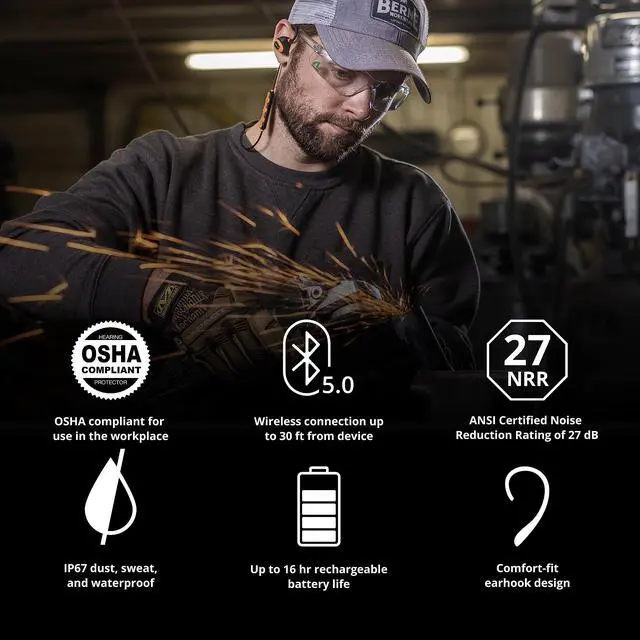 Alt view image 4 of 7 - Pro 2.0 Bluetooth Hearing Protection, OSHA Compliant Work Earbuds | 16+ hour battery, IP67 durability, noise-cancelling mic, 27 dB NRR, safety orange, professional work hearing protection