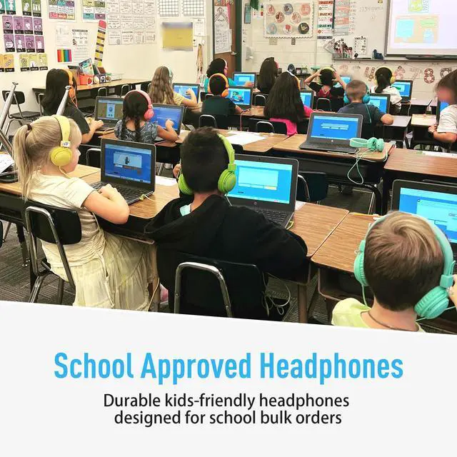 Alt view image 4 of 7 - Classroom Headphones Kids 10-Pack, 85dB Volume with Mic & SharePort | Durable School On-Ear Premium Bulk Wired Headset for K-5 Student Children, 3.5mm Jack for Chromebook, Computer, Laptop