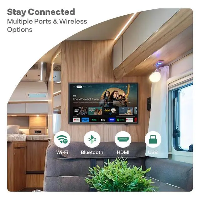 Alt view image 6 of 7 - 19-Inch RV TV, 12 Volt Smart TV with Google OS, 178° Wide Viewing, HDMI/USB Ports, AC/DC Power, Voltage Protection for Camper, Motorhome and RV Use
