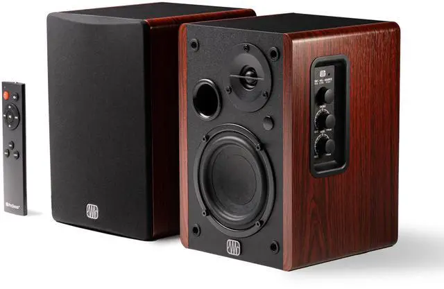 Main image of Eris Accent Powered Bookshelf Speakers 50W Wired Stereo Speakers for Record Player, Turntable, Desk & Home, Multiple Inputs, 4 Woofer, Studio Monitors, Tweeter, Remote, Sub Out, Wood Grain